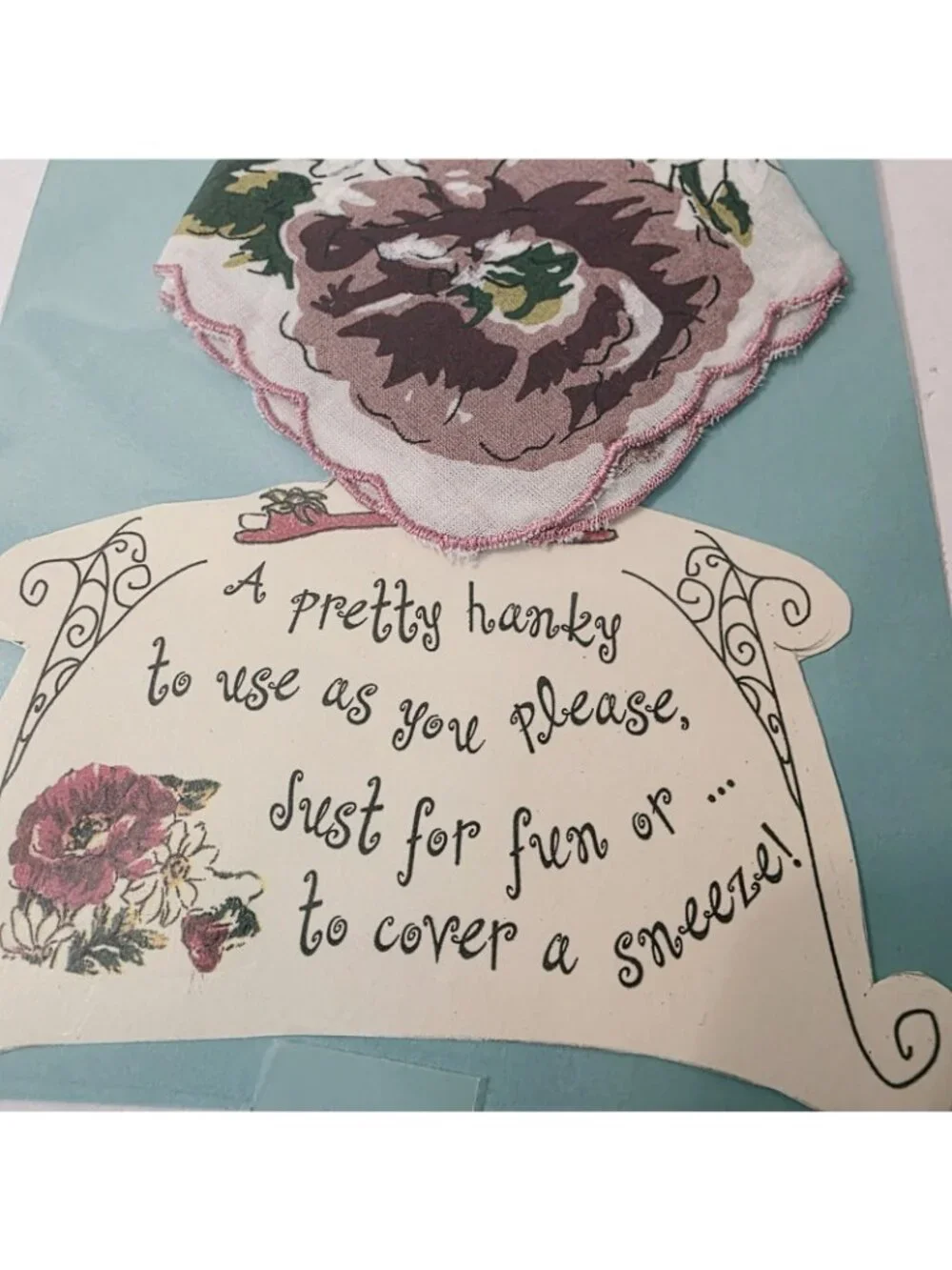 Vtg Flapper Style Lady Handkerchief Paper Doll Art Floral Hanky Dress Holder